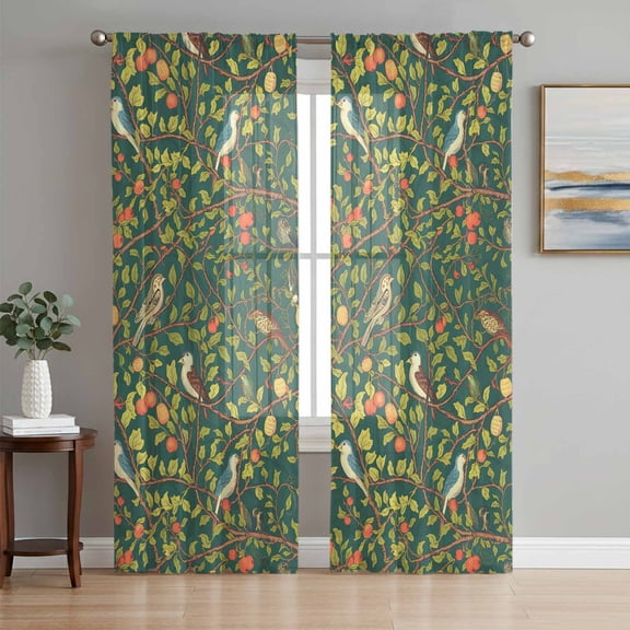 Botanical Birds Sheer Curtains 72 Inch Length 2 Panels Set, Art Abstract Leaves Green Voile Window Treatment Rod Pocket Curtains Sheers Drapes for Bedroom/Living Room/Kitchen 52"x72"x2