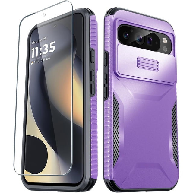 KOMI for Google Pixel 9/9 Pro Case with 1 Screen Protector, Built-in Slide Camera Cover, Military Grade Drop Protection, Heavy Duty Rugged Shockproof Protective Phone Cover, Purple
