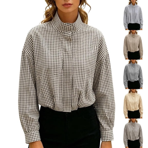 Women Oversized Cropped Gingham Jacket,Zip Up Stand Collar with Batwing Sleeves Casual Coat,Loose Lightweight Spring Fall Jackets with Pockets,Windbreaker Coats