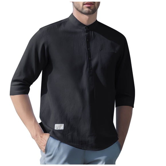 Pisexur T Shirts for Man , Chemise Blouse à Col Montant pour Homme en Coton-Lin Uni Décontractée à Boutons à Manches Trois-Quarts Noire, 4TG Chemises de Golf pour Hommes et Chemises pour Hommes