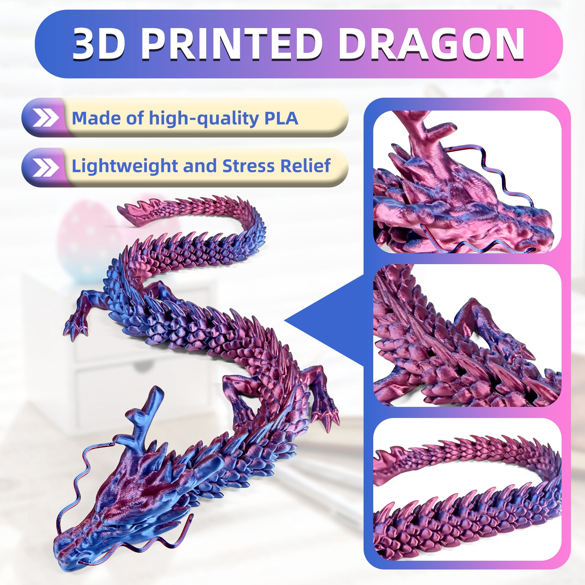 3D Printed Dragon Egg, Colorful 3D Printer Articulated Dragon Toy for Kids, 23.5 inch 3D Printed Easter Dragon ADHD Fidget Toys , Office Desk Figurine Decor