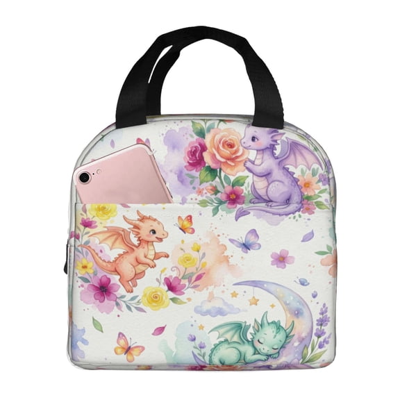 Dinosaurs Insulated Lunch Bag Cute Cartoon Pattern Reusable Cooler Tote with Front Pocket Handheld Portable Meal Prep Bag for Work Office Daily Picnic