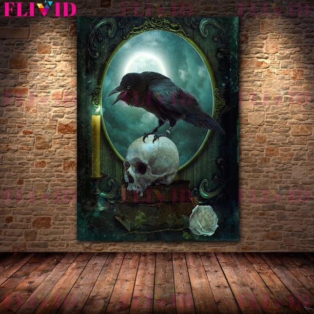 Pintura en lienzo de arte de pared Vintage gótico, cuervo y Calavera, pintura de esqueleto botánico, brujería, Impresión de Póster Artístico