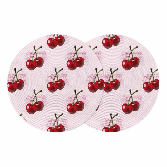 Pink Cherry Round 13 Inch Placemats Set of 2, Farmhouse Watercolor Cherries Fruits HeatResistant Non Slip Place Mats for Dining Table, Wipeable Braided Kitchen Table Mats for Housewarming