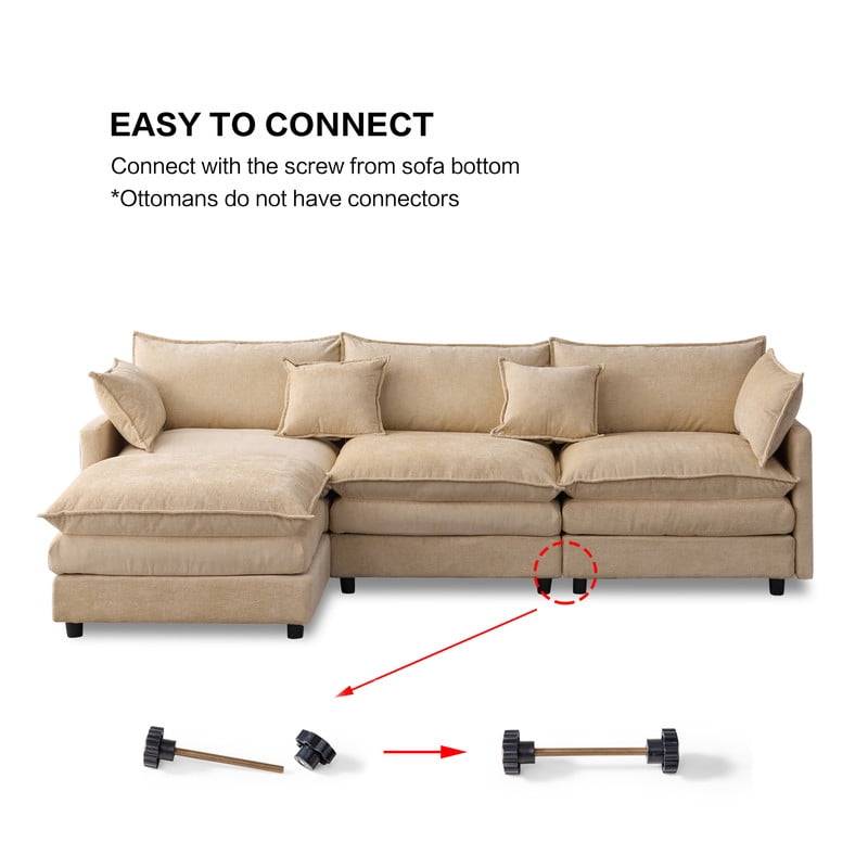 105" Modular Sectional Couch, 3-Seater Soft Chenille L-Shaped Sofa with Ottoman, Upholstery Sofa Couch with Pocket Coil & High-Density Foam for Living Room