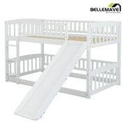 Bellemave Twin over Twin Bunk Bed , Floor Bunk Bed with Slide, Ldder, Door Openable Fence, Wooden Bunk Bed (White)