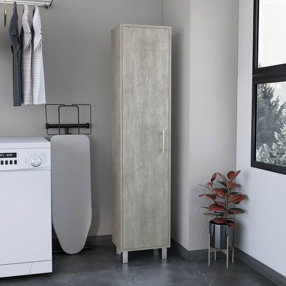70.8h" Narrow Cabinet With 5 Shelf And 3 Broom Hangers, Concrete Gray Tall Shelf, & Diverse Use