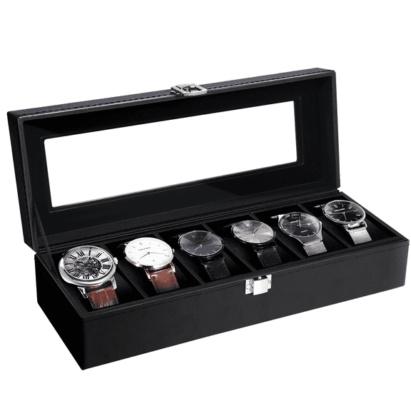 Vowella 6-Slot Watch Box for Men, PU Leather Watch Display Case and Jewelry Organizer with Glass Lid & Velvet Lining, Black