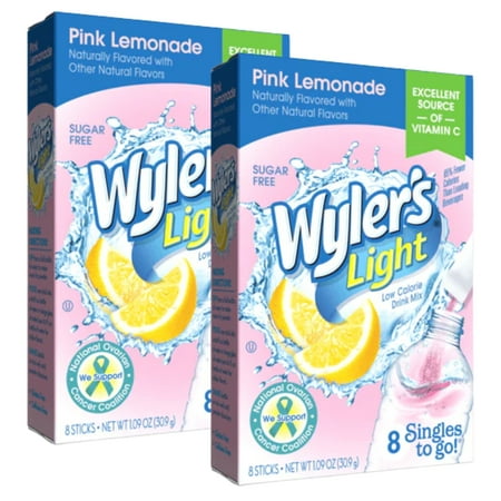 (2) Wyler s Light Singles To Go Powder Packets Pink Lemonade Water Drink Mix No Sugar & Low Calories Powdered Beverages Easy & Convenient to Prepare 8 Servings per Box & CUSTOM Storage Carrier