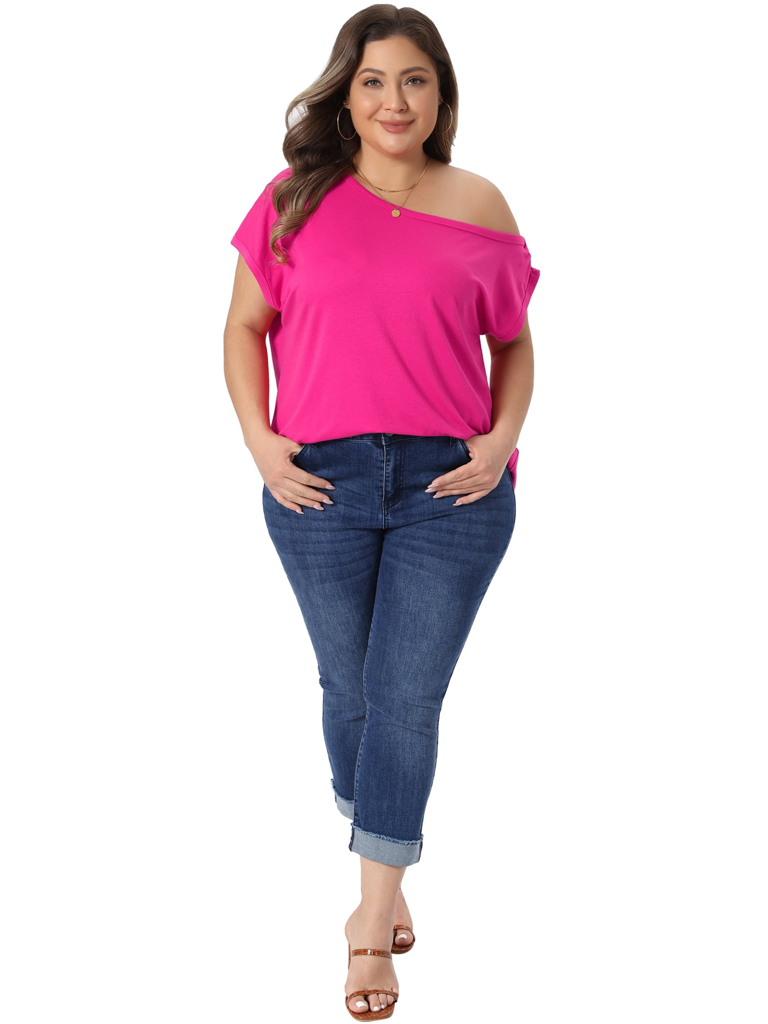 DARING DIVA Women's Plus One Shoulder Blouse Summer Top Basic Tee 4X Hot Pink