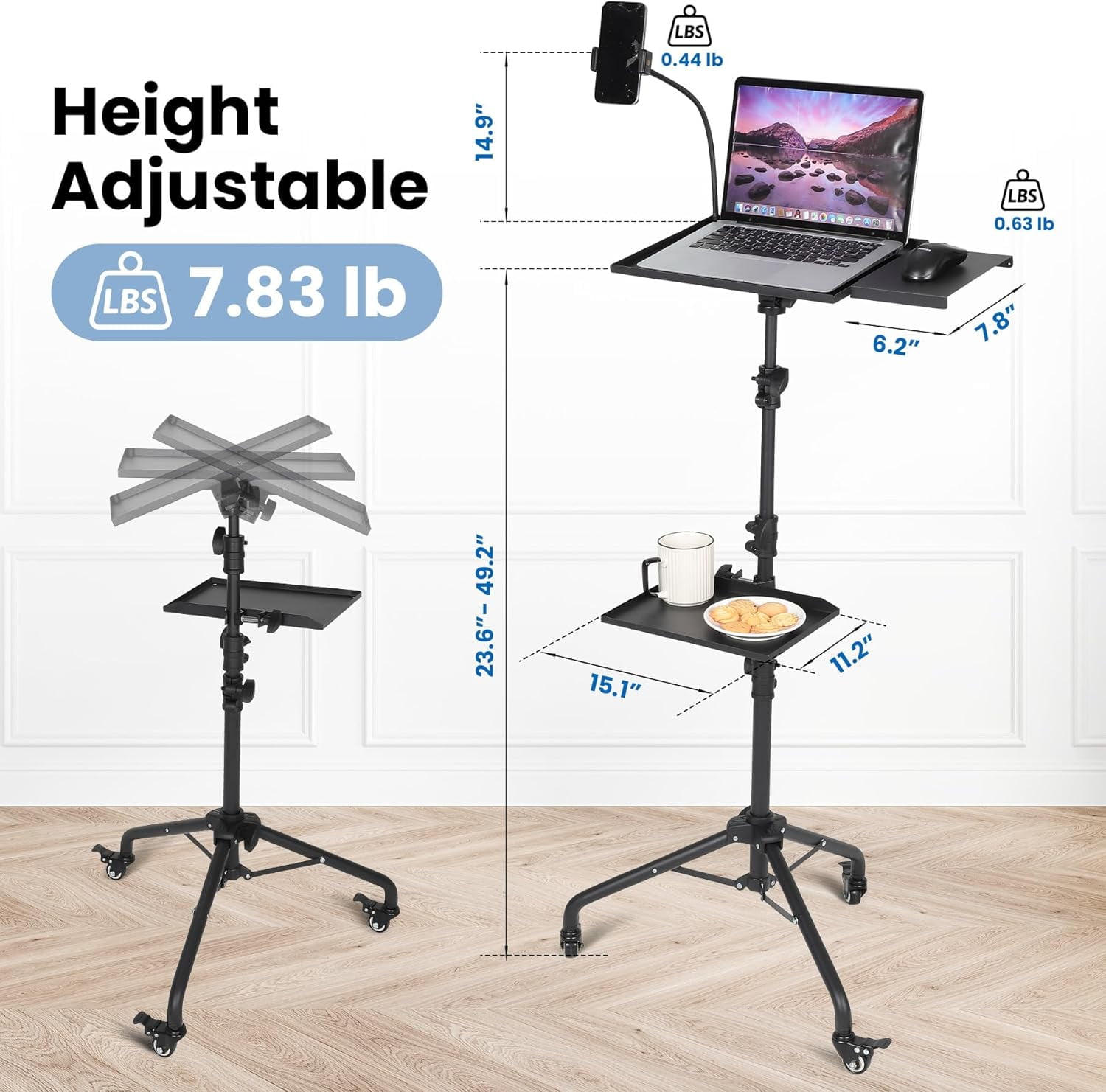 Projector Tripod Stand, Laptop Stand on Wheels with 2 Shelves Mouse Tray Phone Holder, Portable Projector Floor Stand, Adjustable Height 23 to 49 Inch, Projector Tall Stand for Office, Home