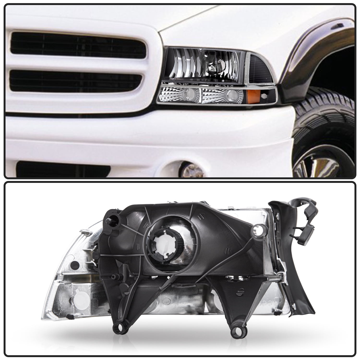 For 97-04 Dodge Dakota 98-03 Dodge Durango Black Amber Headlights Assembly LH+RH