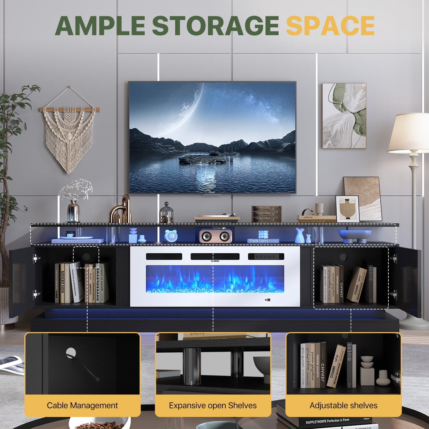 BaPiPro 80" Modern Electric Fireplace TV Stand for TVs up to 90", Entertainment Center with Music Sync LED Lights & Storage Cabinets, Media Console for Living Room, Black & White