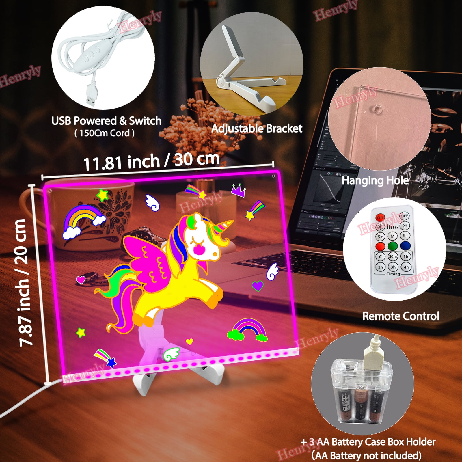 11.8 X 7.9 Inchs 7 Colors Change Acrylic Dry Erase Board, Light up LED Note Board To Do List Desktop Clear Memo Note Board with Remote Control, Glowing Letter Message Drawing Menu Boards