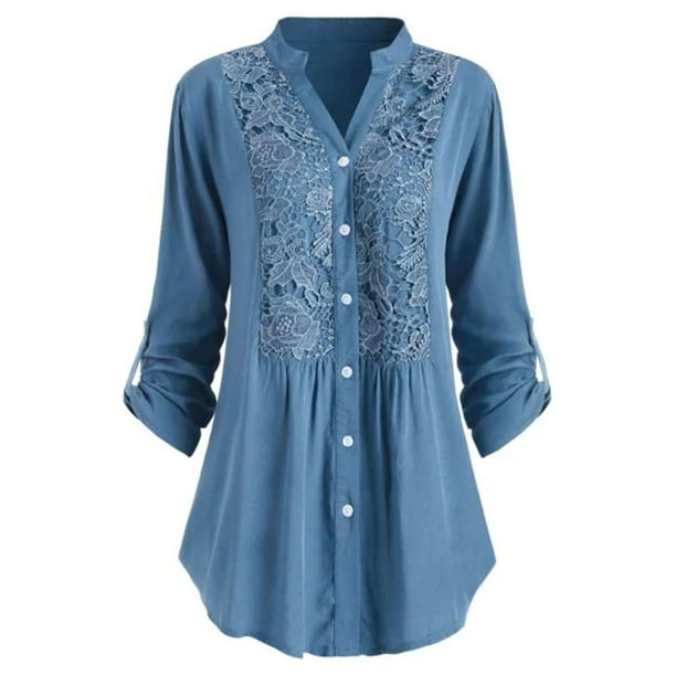 Pntutb Blusa de manga larga con cuello en V y botones de talla grande para mujer Pntutb Pntutb-1334