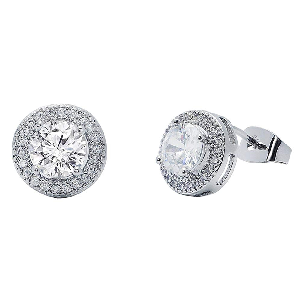 Mariah 18k White Gold Plated Round Cut CZ Halo Stud Earrings, Sparkling ...