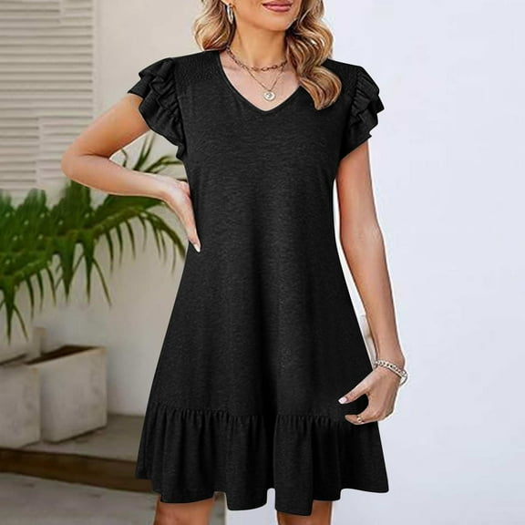 Women Dresses Xqxayjr 2025 Summer Casual Dress for Women Ruffle Short Sleeve V Neck Tiered A Line Trendy Wedding Guest Dresses Flowy Swing Solid Color Midi Beach Party Dress