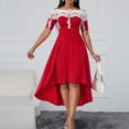 thumbnail image 4 of Womens Off Shoulder Midi Dress Lace Trim High Low Hem Cocktail Dress Graduation Wedding Guest Christmas Party Dress (XL, Red), 4 of 7