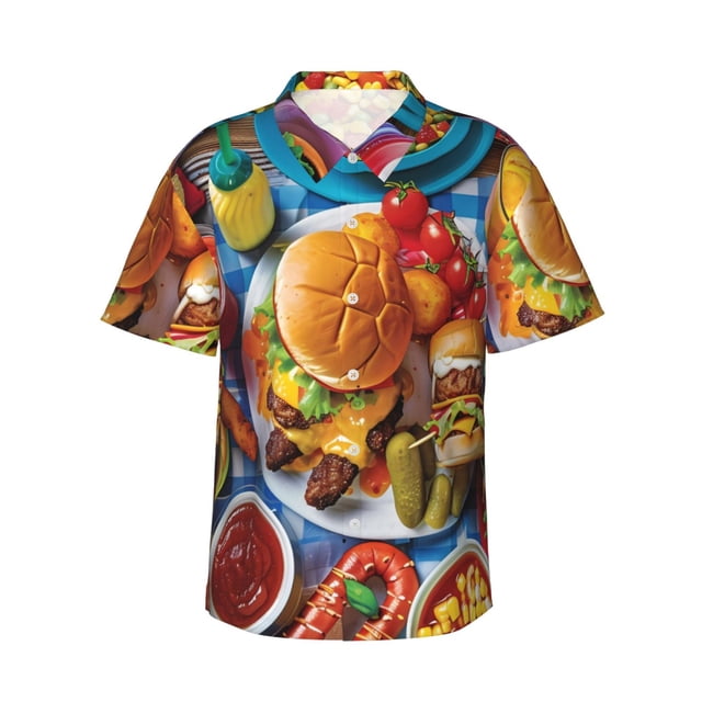 Fotbe Vibrant Picnic Food Spread Camisa Hawaiana para Hombre Unisex – Camisa Casual de Verano con Botones de Manga Corta de Algodón y Lino,Medium