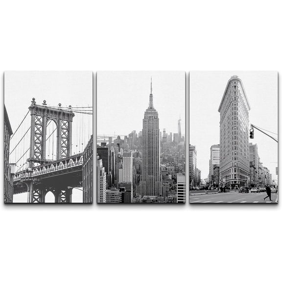 PixonSign Canvas Print Wall Art Set Black & White Flatiron NYC New York Urban Architecture Photography Realism Scenic Landscape Decorative Colorful Multicolor for Bedroom - 16"x24"x3