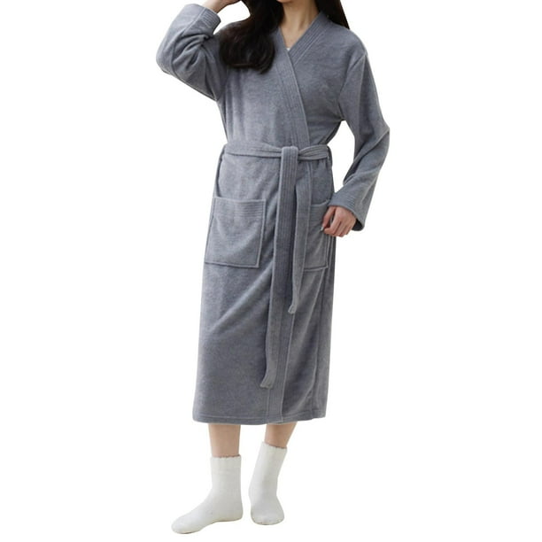 Gibobby Bata de seda para mujer Albornoz de tela de toalla para mujer, ropa de dormir de Color sólido de secado rápido, vestido largo de de otoño(Gris,XL)