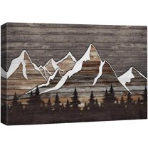 PixonSign Canvas Print Wall Art Pastel Brown Tree Mountains Nature Wilderness Woodblock Illustrations Decorative Multicolor Landscape Wood Panels Country/Farmhouse - 12"x18"