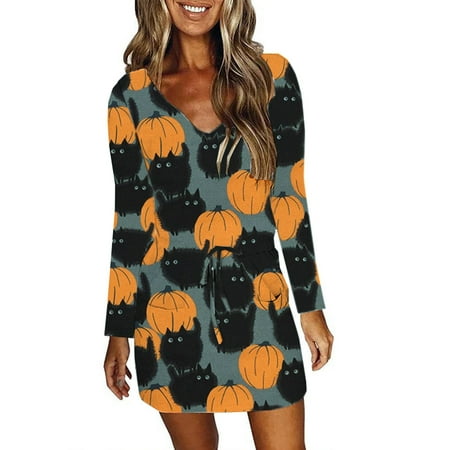 Homely Womens Black Dresses Ladies Dress Halloween Funny Print Casual Long Sleeve V-Neck Tie Skirt | Walmart Canada Homely Womens Black Dresses Ladies Dress Halloween Funny Print Casual Long Sleeve V-Neck Tie Skirt | Walmart Canada