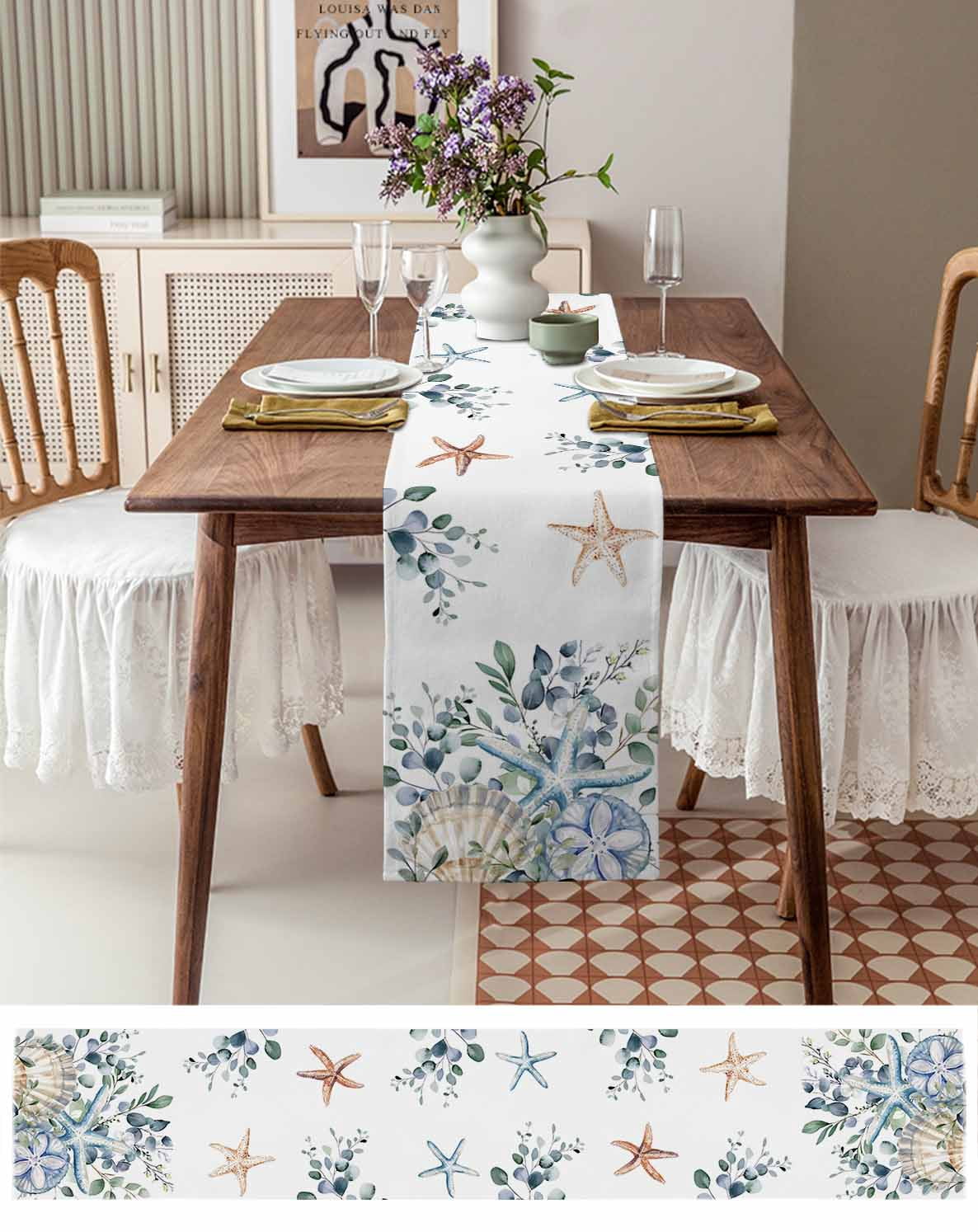 Starfish Eucalyptus Leaves Table Runner 90 Inches, Blue Teal Coastal Shell Bed Runner Dresser Scarves Tabletop for Indoor Outdoor Parties/Ceremony/Banquet, 13" x 90"