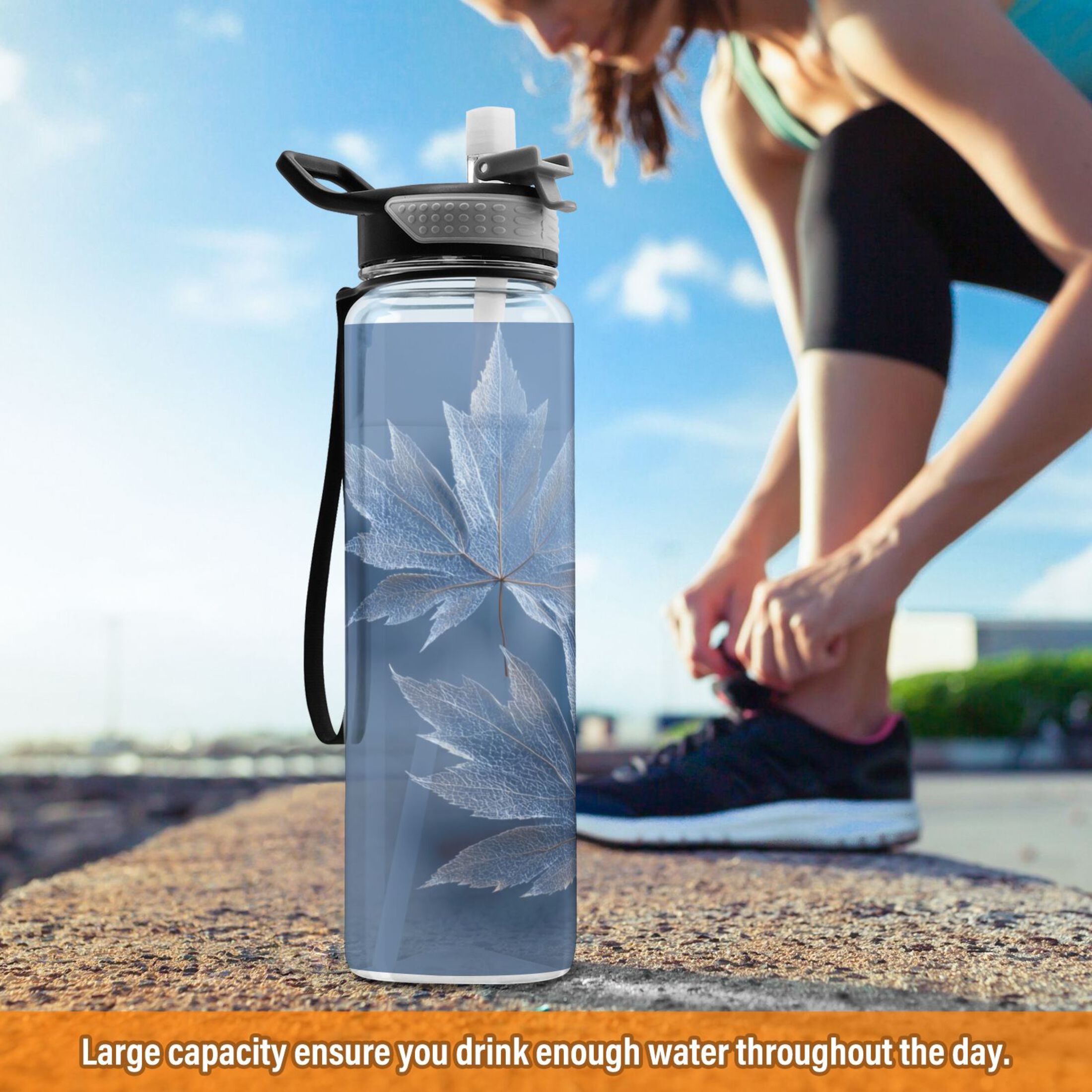 1000ML Transparent Sports Water Bottle with Handle & Straw Portable Water Bottle for Outdoor Camping Gym Glass Mapleleaves