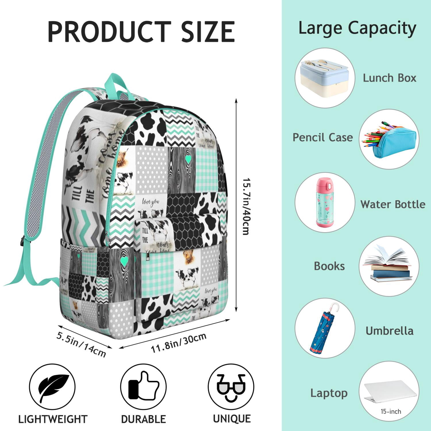 Farmhouse Cow Backpack for Teens, Durable and Lightweight Laptop Bag with Bull, Buffalo, and Black & White Cow Print Design