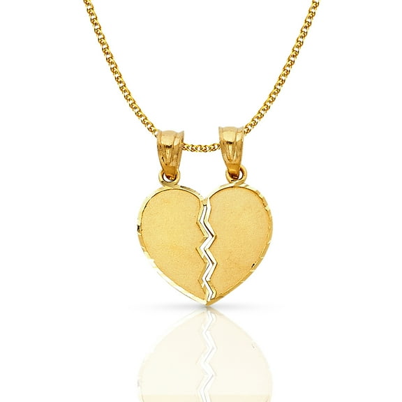 14K Yellow Gold Broken Duo Heart Small Charm Pendant with 1.2mm Flat Open Wheat Chain Necklace