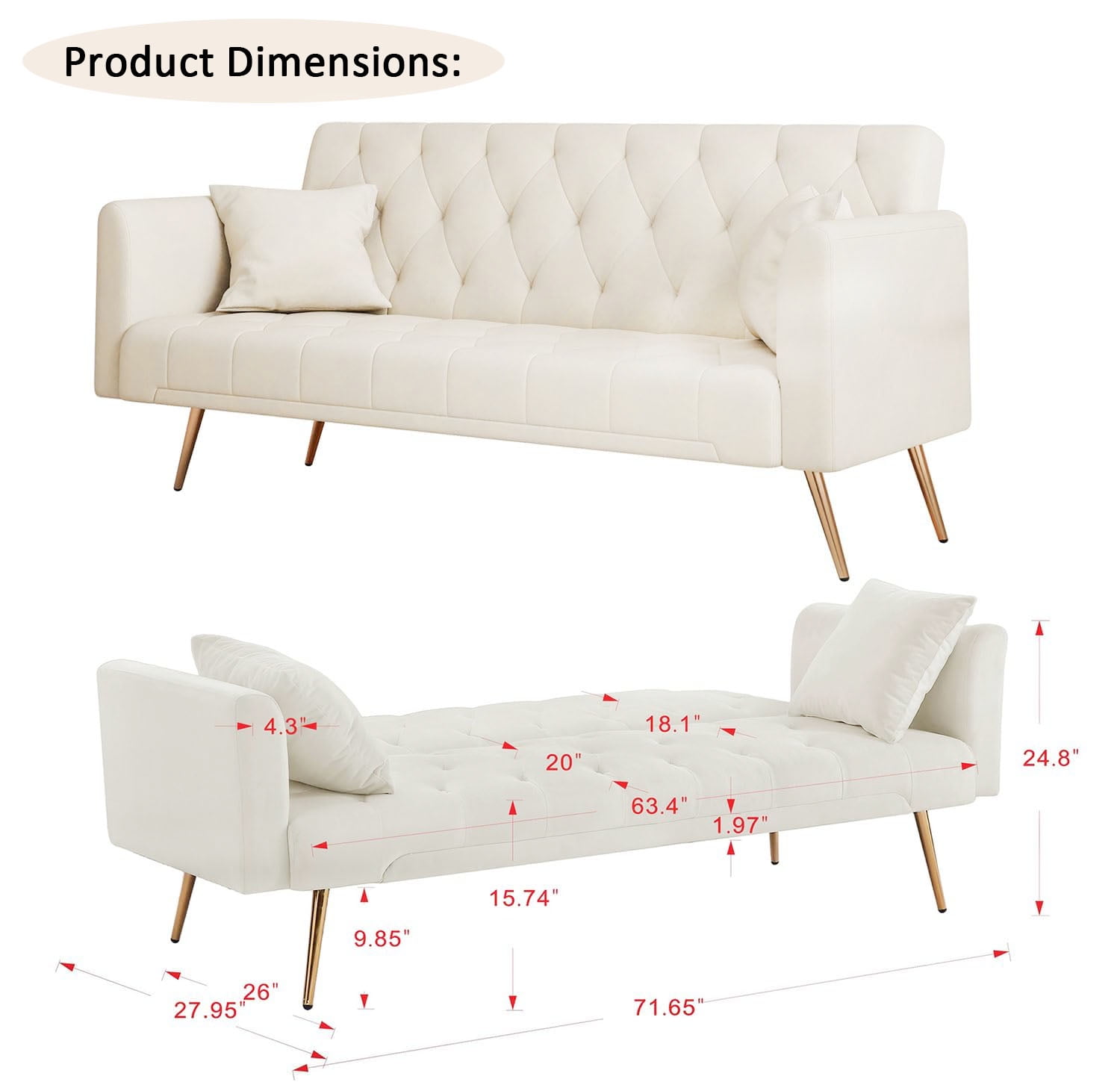 71 Inches Velvet Futon Sofa Bed with 2 Pillows,Modern Convertible Futon Couch with Adjustable Backrest,Beige