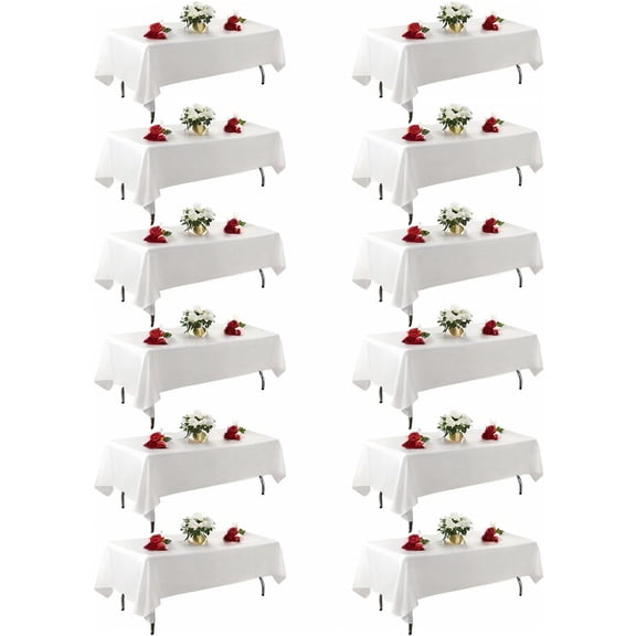 KUOGO 12 Pack 60 x 102 Inch White Tablecloth， Polyester Table Cloth for 6 Foot Rectangle Tables, Wrinkle Resistant Washable Decorative Fabric Table Covers for Wedding Party Banquet Buffet and Camping