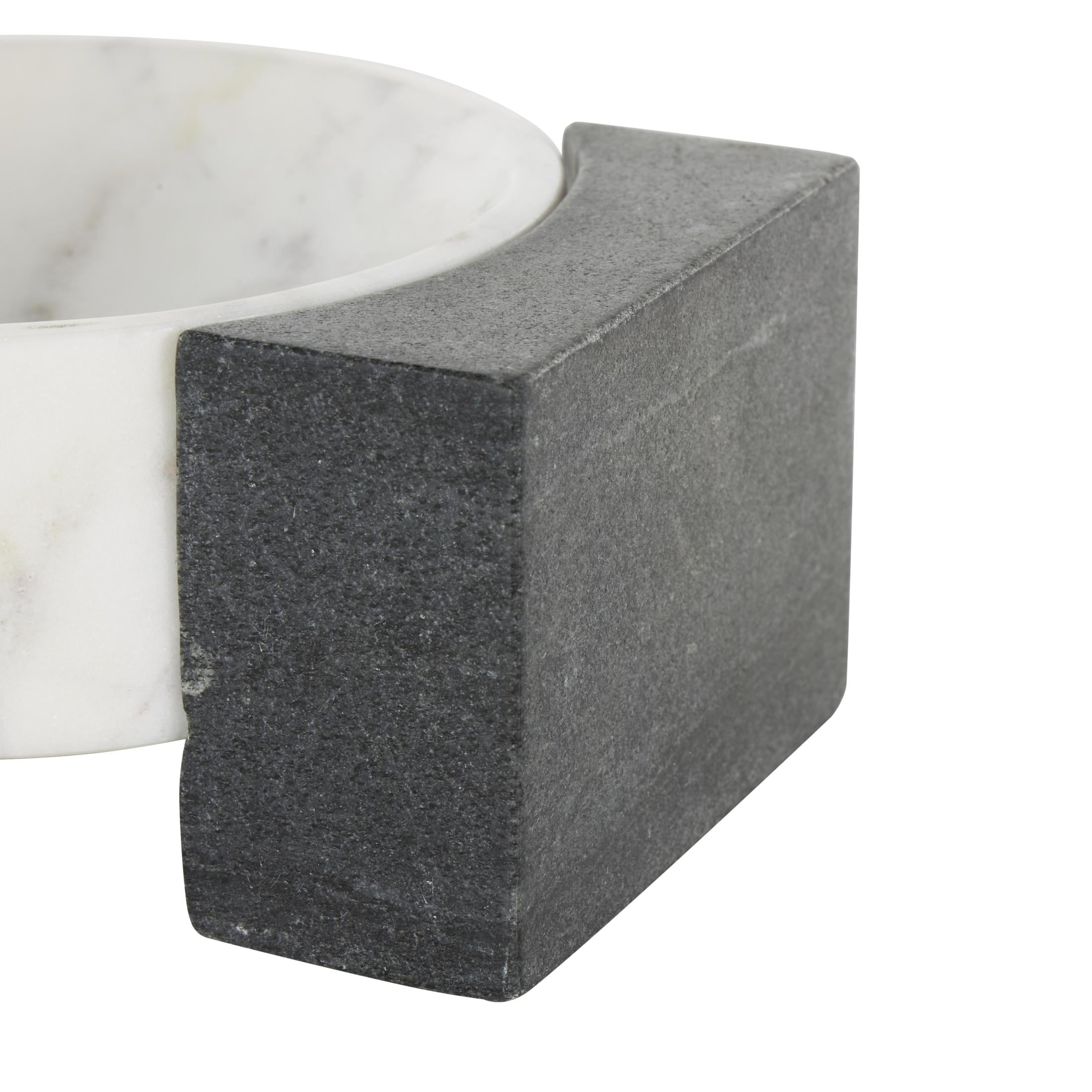 DecMode 8" x 6" White Marble Round Geometric Tray with Black Rectangular Blocks, 1-Piece