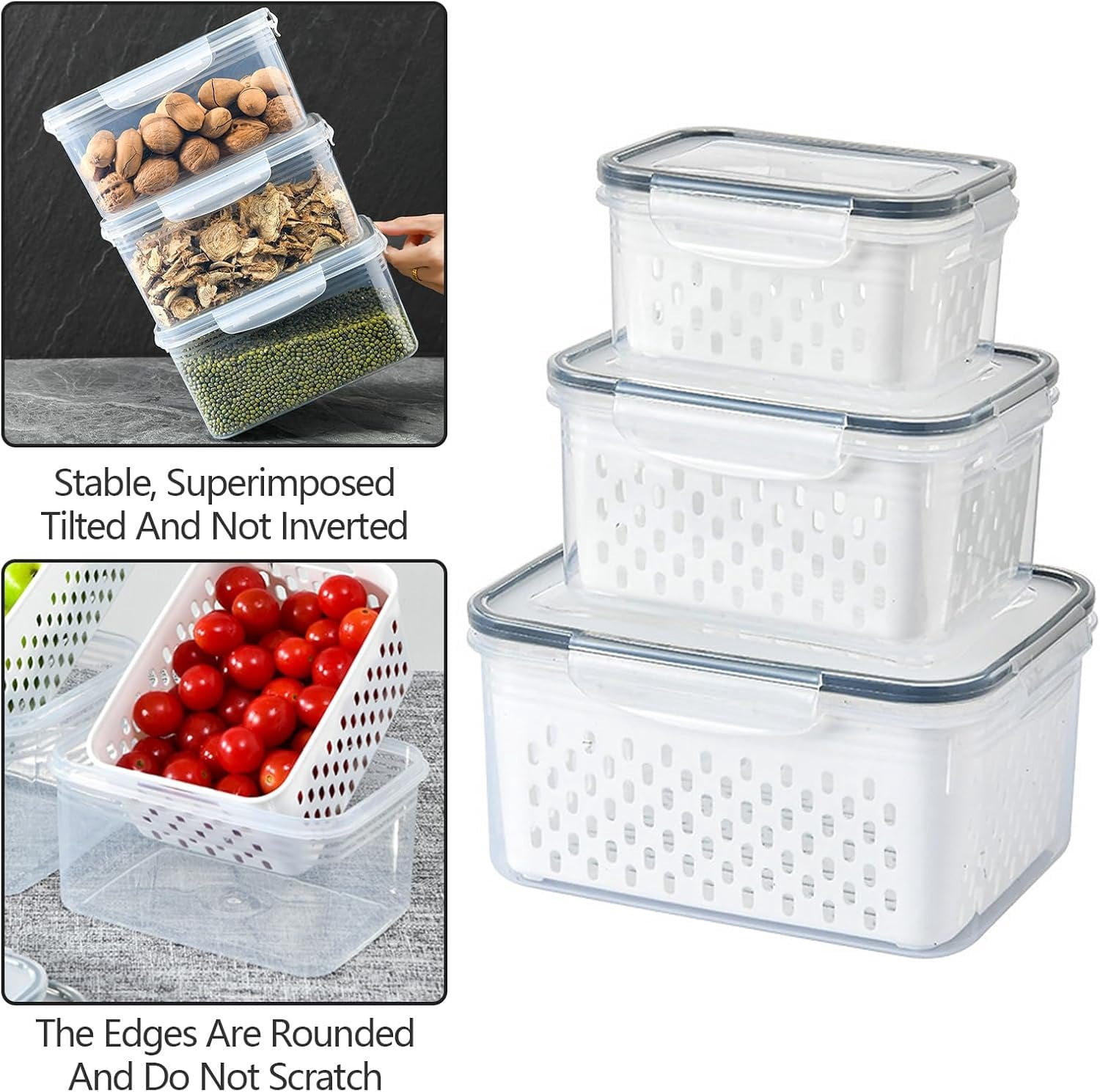 3 Pack Fruit Storage Containers for Fridge with Removable Colanders - Food Storage Containers with Lids, BPA-Free Produce Containers Keep Fruits, Vegetables, Berry, Meat Fresh Longer