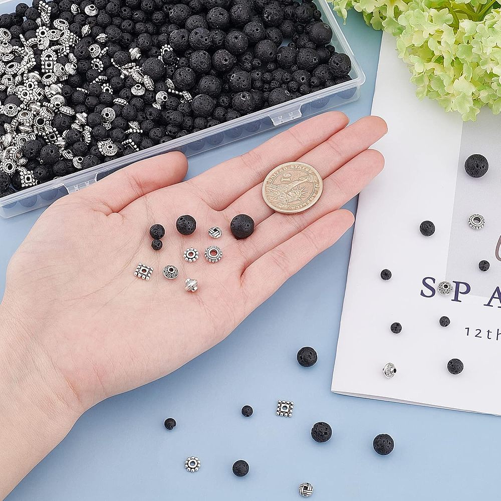 DIY Bead Stretch Bracelets Making Kits Including Natural Lava Rock Round Beads Tibetan Style Alloy Spacer Beads and Elastic Thread
