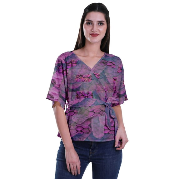 Moomaya Printed Wrap Over with Belt Style Top For Women Printed V-Neck Casual/Formal Top