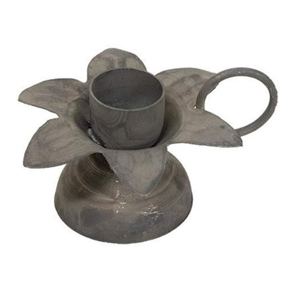 Grey Vintage Farmhouse Style Taper Candle Holder | Primitive Shabby Chic Flower Design Candle Pan | 3 inch