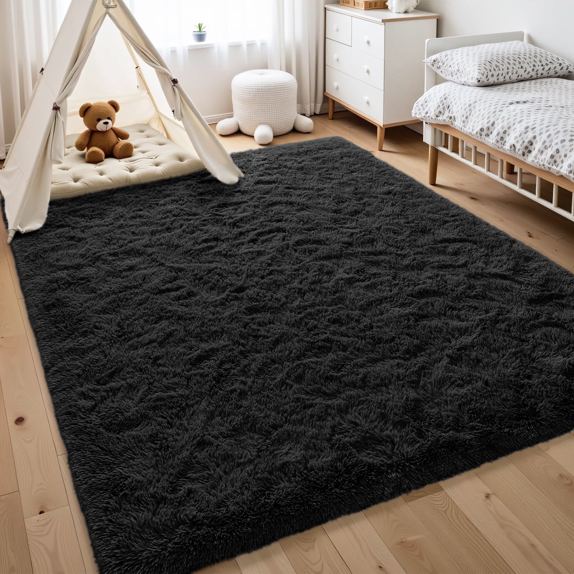 Nefoso Shag Area Rug, 8ft x 10ft Soft Fluffy Area Rugs for Living Room Bedroom Decor Carpet, Black