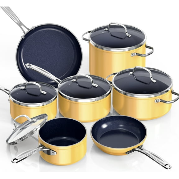 NuWave 12pcs Non-Stick Cookware Set, Healthy Duralon Blue Ceramic Nonstick Pots and Pans Set , Lightweight Cookware Set works on All Cooktops, Tempered Glass Lids & Stay-Cool Handles, Apricot
