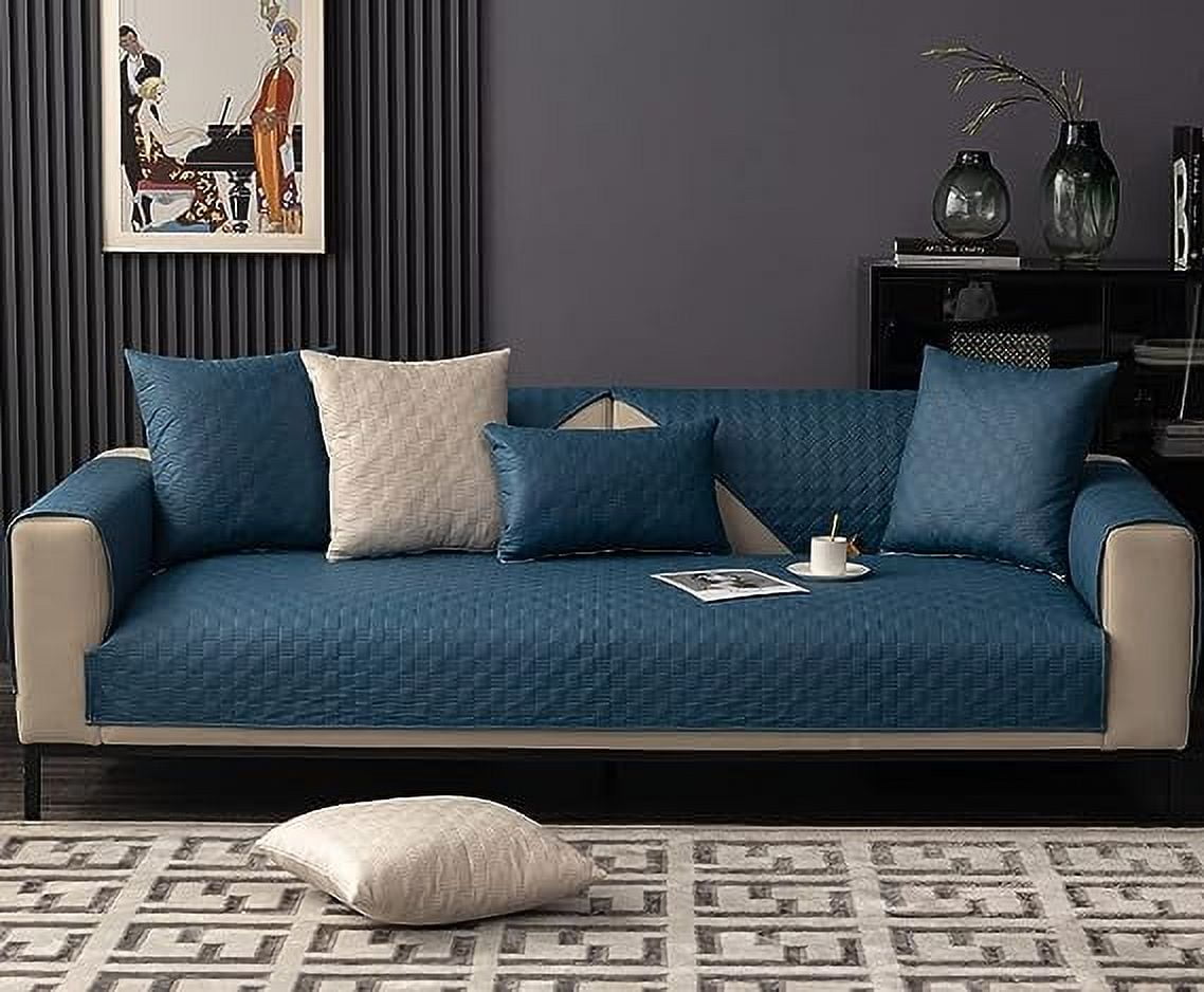 Namzi Luxury Water Resistant Quilted Sofa Cover Faux Suede Plaid Sectional Couch Cover Anti-Slip Sofa Slipcover for Dogs, Children, Pets Furniture Protector (Dark Blue,36"x70")