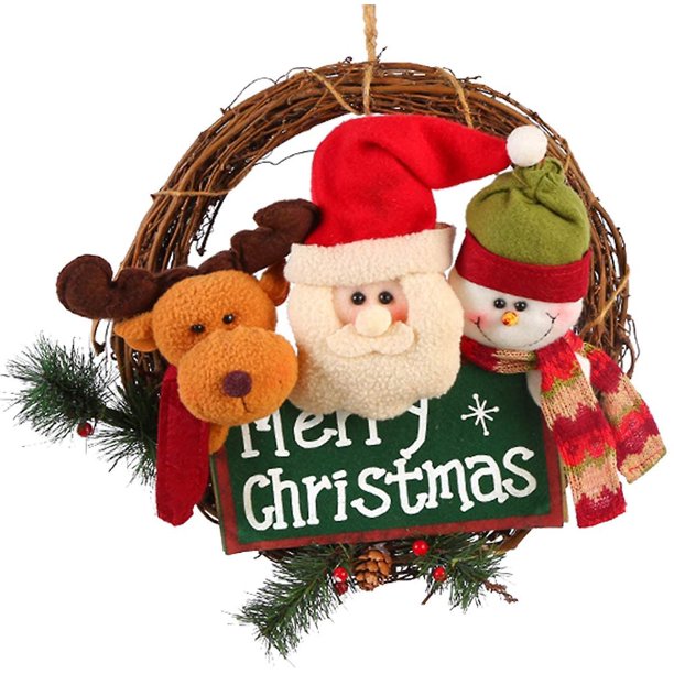 Corona De Navidad Para La Puerta Delantera - 14 Pulgadas / 35 Cm Coronas De La Puerta Colgador De La Puerta Del Hogar De Navidad Decoración Del Coche De La Pared (muñeco De Nieve, Papá Noel, Reno). Afortunado Sencillez