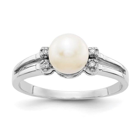 14k White Gold Polished Prong set 6mm Freshwater Cultured Pearl Diamond ring Size 6 - Ring for Women