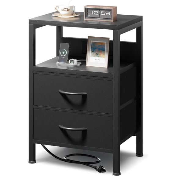 NightStand Bedside Charging Table Bedroom - Night Stand with Charger Station, Modern Nightstand with Open Shelf & 2 Fabric Drawers, Bed Side Table with USB-C Port for Dorm, Black