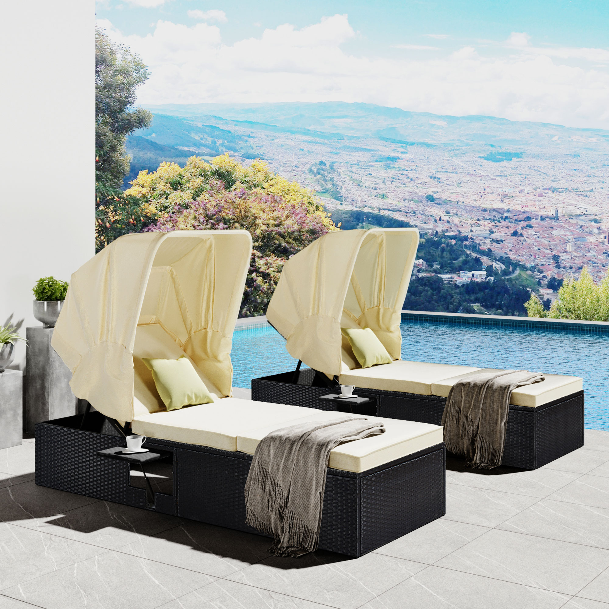 Outdoor PE Wicker Chaise Lounge, SYNGAR 2 Pieces Adjustable Reclining Chairs W/ Canopy and Cup Table, Patio Sun Lounger Set with Removable Cushion, Chaise Set for Poolside Garden Porch, Beige, D7331 - image 1 of 12