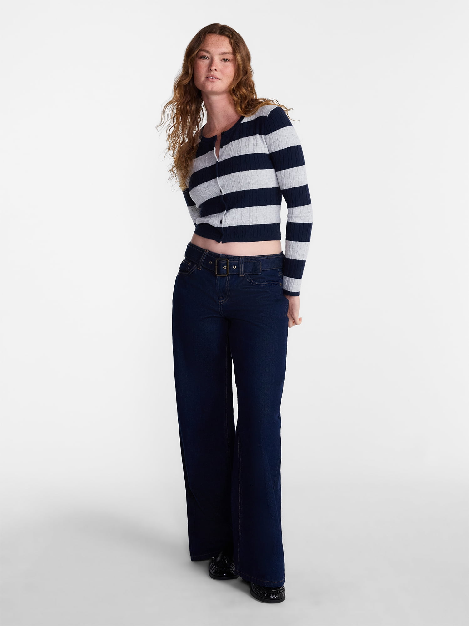 No Boundaries Cable Knit Crewneck Cardigan, Women's XXS-4X
