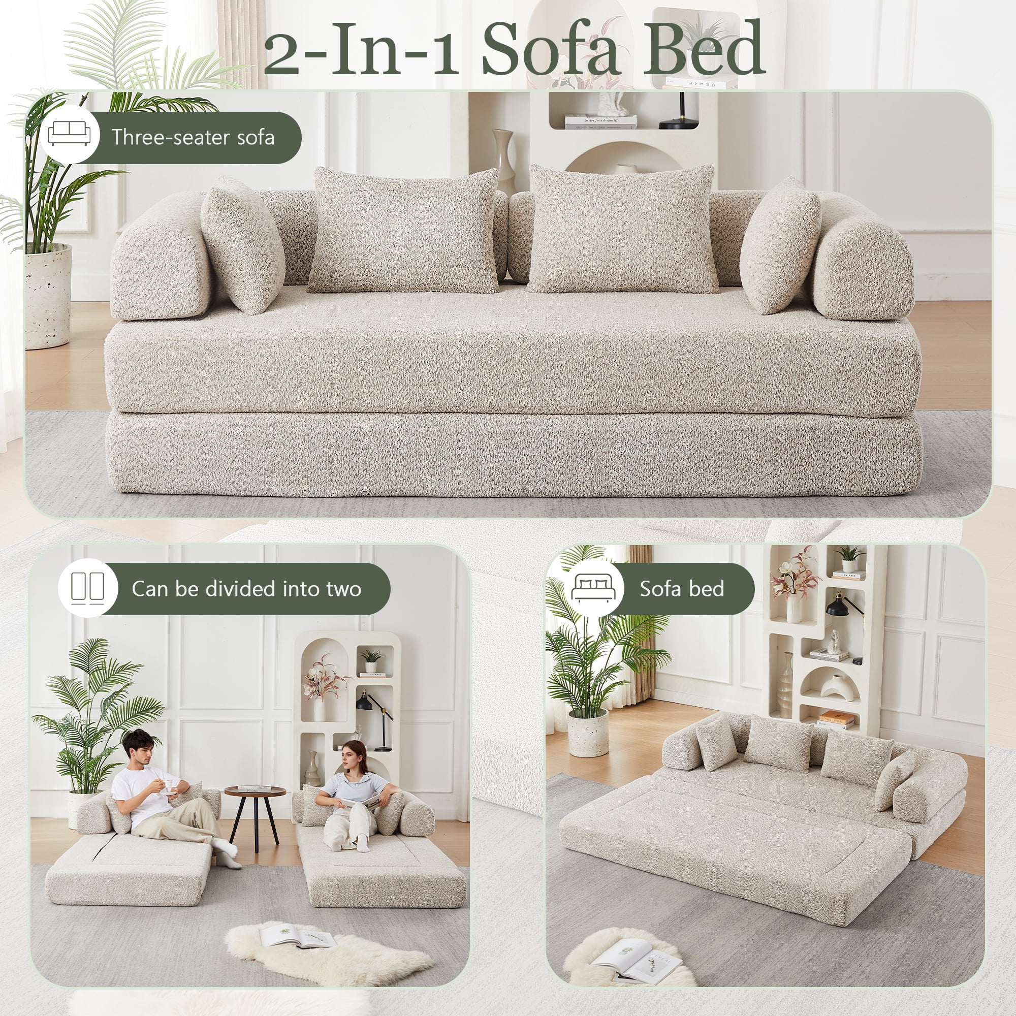 78.9inch Convertible Sleeper Sofa,Chenille Folding Mattress Sofa with DIY Removable Armrests,Floor Standing Lounge Sofa for Living Room Bedroom Small Space,khaki