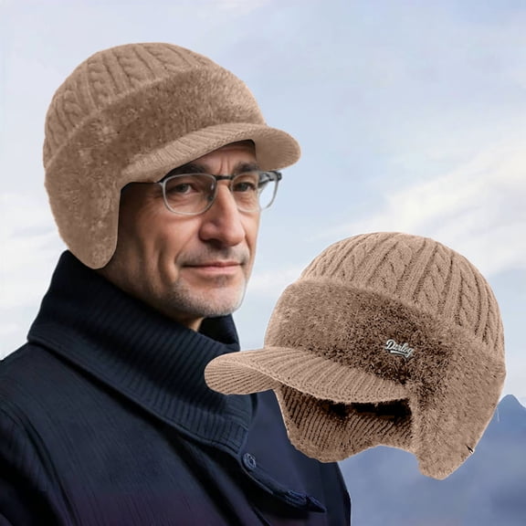 Winter Hat For Men Blocking Knitted Hats With Ear And Wool Brim Lined Warm Stylish Baseball Beanie For Men Warm Winter