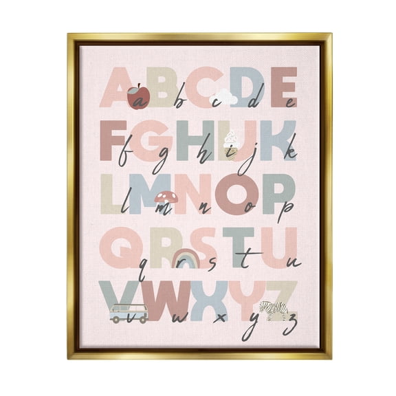 Stupell Industries Pink Pastel Alphabet Chart Botanical & Floral Painting Gold Floater Framed Canvas Art Print Wall Art, 17 x 21