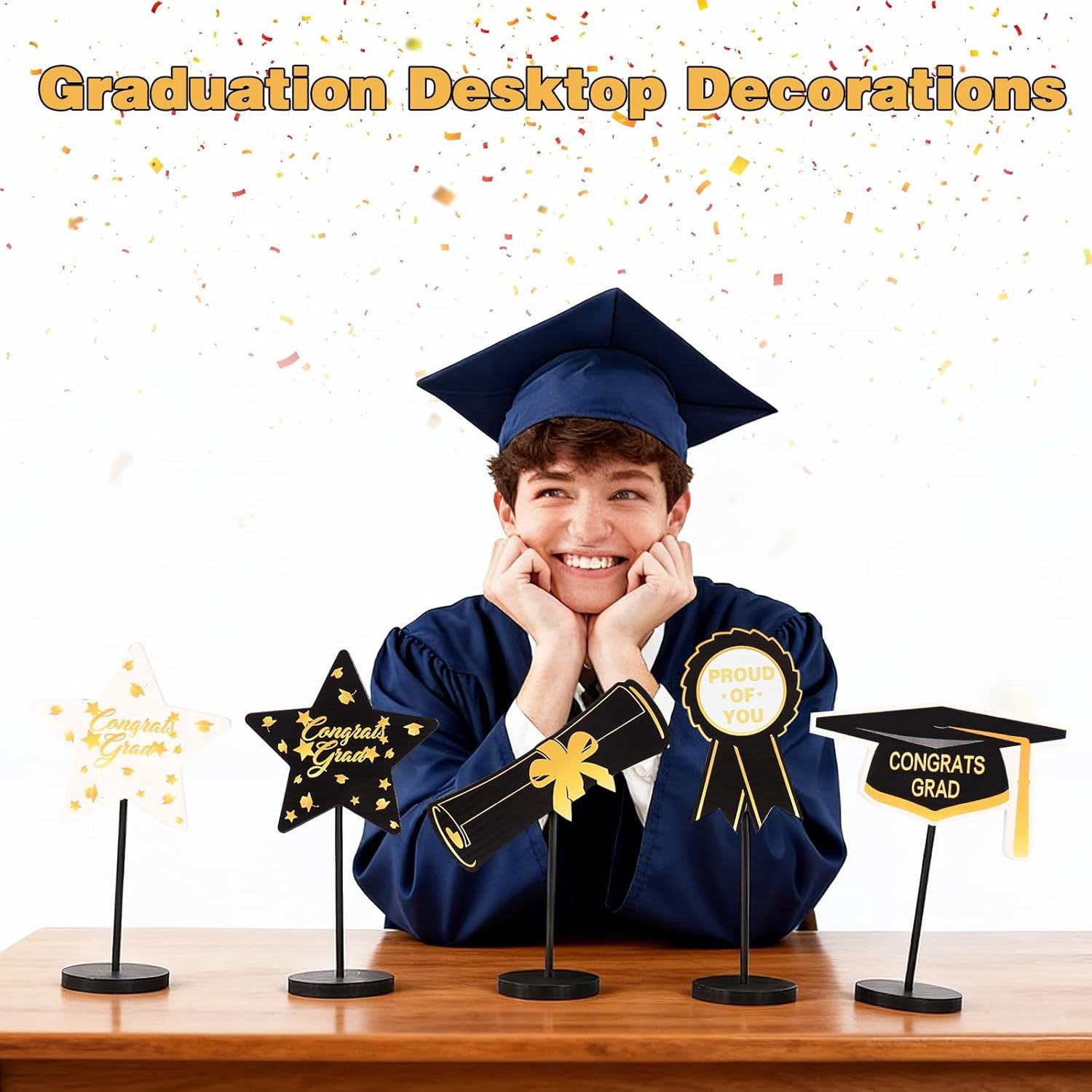 2026 Graduation Decorations, 5Pcs Black Gold White Wooden Table Centerpieces Decor Include Grad Cap Diploma Star Supplies Medal Sign, of Congrats Day Class Party Decoration.